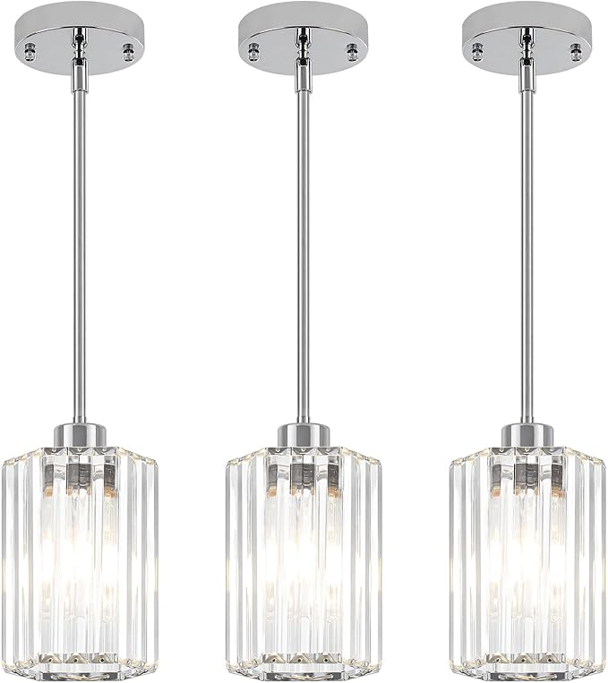 3-Pack Chrome Pendant Lights Kitchen Island Modern Crystal Hanging Pendant Light Hexagonal Mini Chandelier Adjustable Hanging Kitchen Lights for Dining Room Hallway Bedroom Entryway Light Fixture