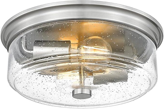 Brushed Nickel Flush Mount Ceiling Light Fixtures, 12 Inch 2-Light Light Fixtures Ceiling Mount with Seeded Glass Lampshade,Ceiling Light for Kitchen, Hallway, Entryway