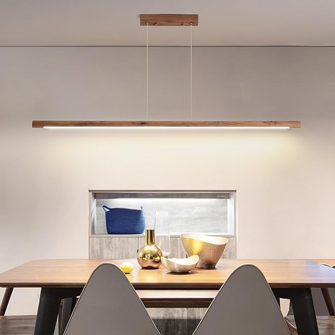 Modern Wooden Pendant Light, 47IN Walnut Wooden Chandelier with Remote Control 3000k-6500K Adjustable Color Temperature，Aluminum Island Lighting Lamp for Dining Room, Living Room, Kitchen