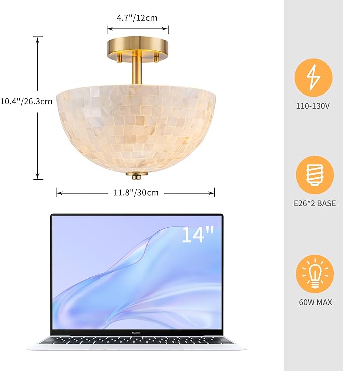 D12 inch Modern Capiz Shell Ceiling Light, 2-Light Coastal Design Semi-Flushmount Light Fixture for Dining Room, Hallway, Bedroom, D12xH10 inch, Shell Lampshade & Gold Finish Frame