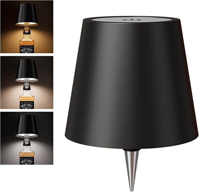 Wireless Bottle Lamp Shade - Portable LED Wine Bottle Lamp with Stopper, 3 Color Stepless Dimming Rechargeable Touch Wine Bottle Lights for Any Liquor Bottle Bars Restaurants (Black, 1 Pack)