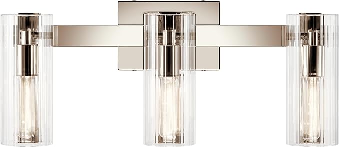 Kichler Jemsa 3-Light Bathroom Vanity Light Fixture, Modern Wall Mount Light with Clear Fluted Glass in Polished Nickel for Powder Room or Bathroom (9.75" x 22.75"), 55168PN