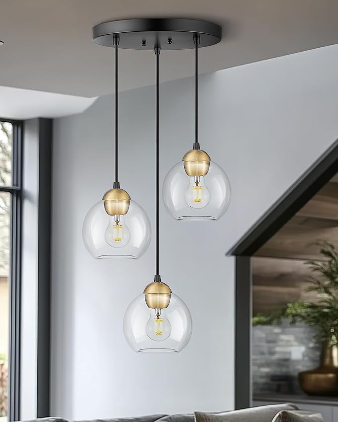 Emak Black and Gold Pendant Lights Kitchen Island, 3-Light Pendant Light with 7 Inch Globe Glass Shade, Modern Farmhouse Cluster Kitchen Island Lighting for Dining Room, Bathroom, PL119-BKBGD-CG-CL