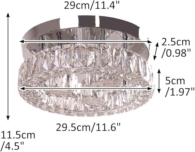 Finktonglan Crystal Flush Mount LED Ceiling Light, 11.6" Round Modern Flush Mount Ceiling Light, 30W 6500K Cool White, K9 Crystal & Stainless Steel, Non-Dimmable
