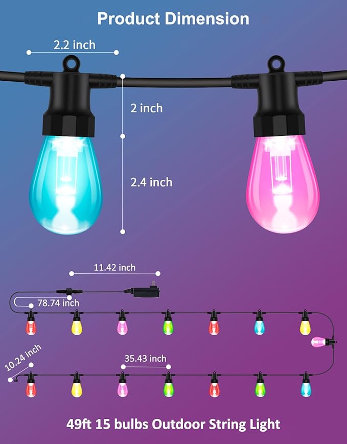 XHT Outdoor String Lights 49FT, Color Changing RGBW Patio String Lights with 15 LED Bulbs, App & Remote Control, IP66 Waterproof Shatterproof Backyard Lights