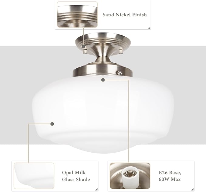 Large Schoolhouse Style Semi Flush Mount Ceiling Light Fixture, 14" Modern Hallway Ceiling Lamp with Opal Milk Glass Shade, Farmhouse Globe Light for Bedroom Kitchen Hallway Entryway, ROS588L SN