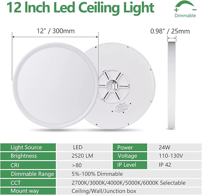 6PK Dimmable 12 Inch LED Flush Mount Ceiling Light, 24W, 2520LM, 2700K/3000K/4000K/5000K/6000K CCT Selectable, White Round Flat Panel Light Low Profile Ceiling Lamp for Bedroom/Kitchen/Living Room
