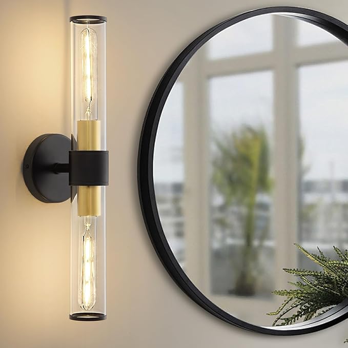 Black and Gold Wall Sconce, Bathroom Light Fixtures in Clear Glass Indoor Wall Sconces, Modern Sconce Wall Lighting Up and Down Vanity Lights Fixtures for Bathroom - Bulb Not Included
