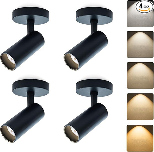 LED Ceiling Spotlight 5CCT 2700K/3000K/3500K/4000K/6000K Selectable Dimmable,Spot Lights Indoor Adjustable Flush Mount Lights Fixture 12W CRI 90+ Tilt Angle Accent Lighting, Black, 4 Packs