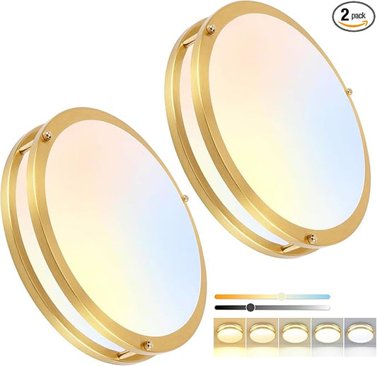 OOWOLF 2PACK 13inch Flush Mount LED Ceiling Light Fixture, 5CCT 36Watt 3600LM, 3000K 3500K 4000K 5000K 6000K 5 Color Selectable Dimmable Ceiling Lamp, Gold Ceiling Light for Kitchen Bedroom Bathroom