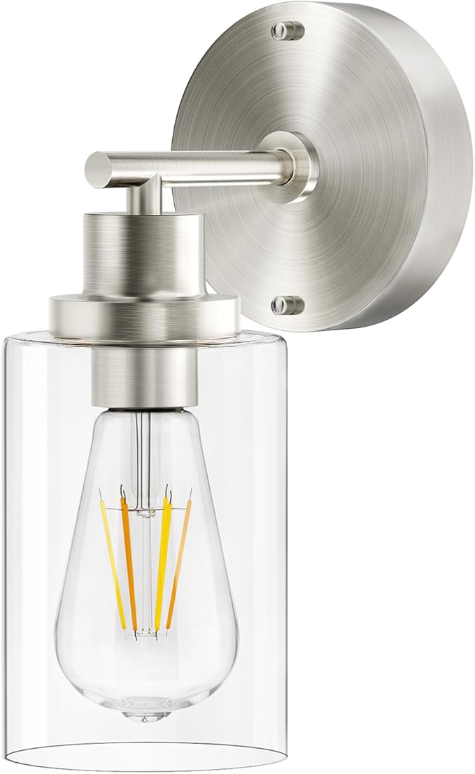 BUTHY Brushed Nickel Wall Light: LED Wall Sconces Indoor, Modern Sconces Wall Lighting with E26 Base and Clear Glass Shade, Wall Light Fixtures for Bedroom, Hallway, Mirror, Living Room