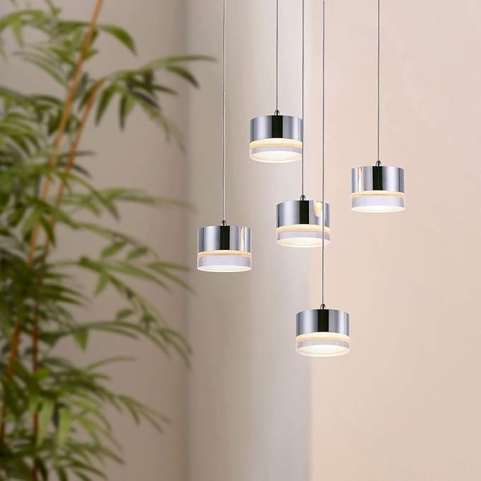 Jupiter 5 Mini Pendant Lighting Nickel - LED Hanging Light Fixture for Kitchen Island, Bar, Foyer - Cluster Pendants - Dimmable, Adjustable Wire, Lamp Bulb Included