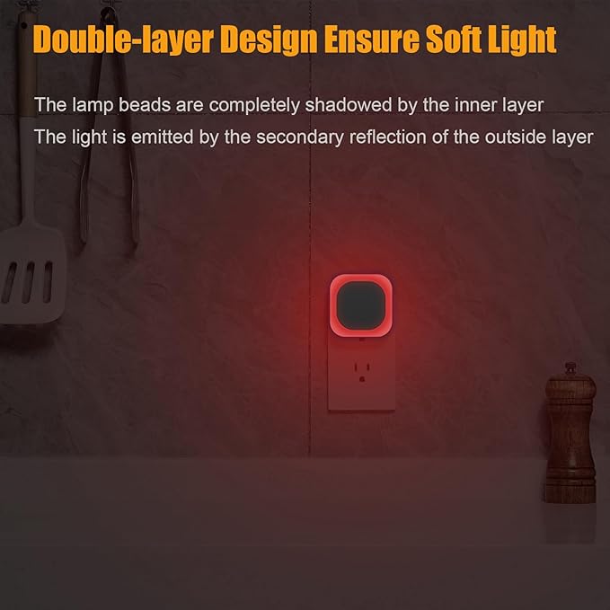 YUNLEX 4 Pack Red Night Light with Dusk to Dawn Sensor, Eye-Care Reflected Glow, 0% Blue Light True Red LED, 3-Level Brightness, Auto On/Off, Plug-in Nightlight for Sleep, Kids, Bedroom, Bathroom