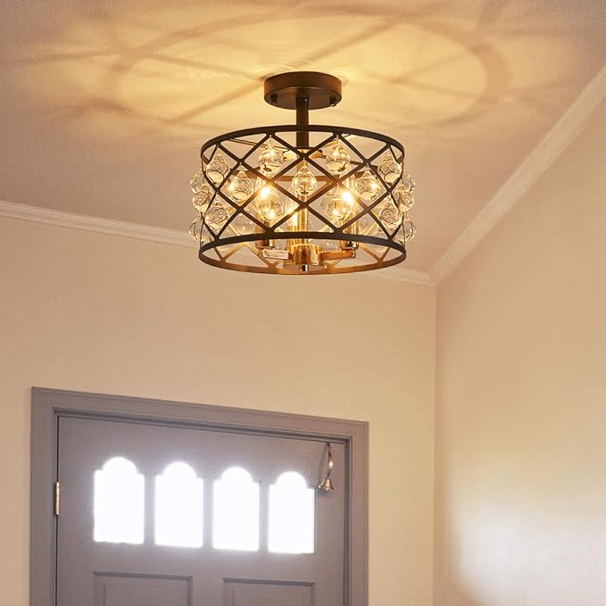 AGV LIGHTING CH013BB Farmhouse Semi Flush Mount Ceiling Light Fixture, E12 Base 3-Lights, D13 x H12, Matte Black & Light Gold Finish