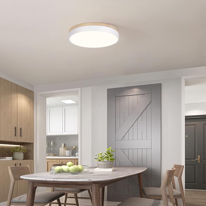 WOKNOS Dimmable Wood Oak Ceiling Light Fixture Modern White LED Flush Mount Ceiling Light 5CCT Minimalist Circle Close to Lighting Fixture for Bedroom Kitchen Bathroom Laundry Room 15.74 Inch