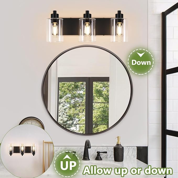 Dpyrrhic Bathroom Light Fixtures,Matte Black 3-Light Bathroom Lights Over Mirror with Clear Glass Shade,Wall Sconces for Kitchen Living Room Bedroom