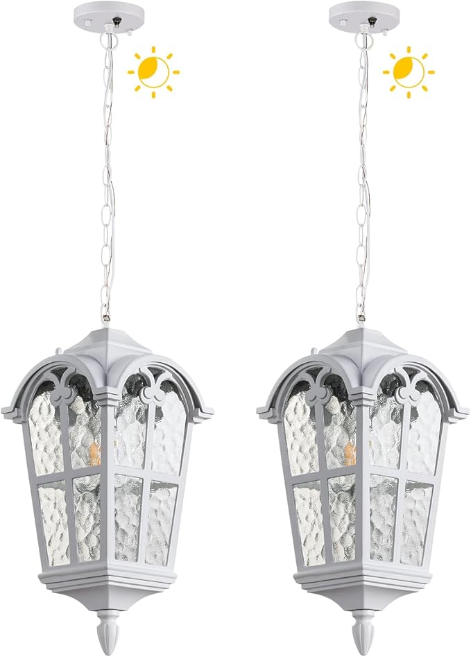 Dusk to Dawn Outdoor Pendant Light for Porch Patio Garden Yard, Anti-Rust Aluminium Exterior Hanging Light Fixtures, Outside White Hanging Ceiling Light, Height Adjustable Outdoor Pendant Lamp, 2 Pack
