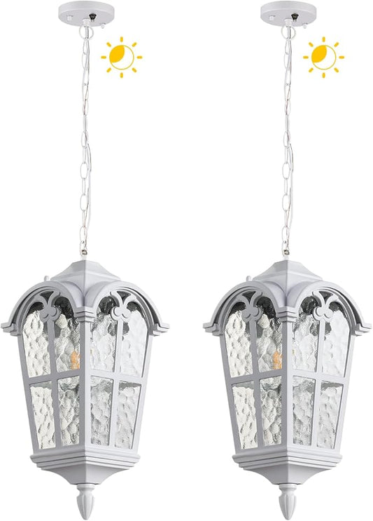 Dusk to Dawn Outdoor Pendant Light for Porch Patio Garden Yard, Anti-Rust Aluminium Exterior Hanging Light Fixtures, Outside White Hanging Ceiling Light, Height Adjustable Outdoor Pendant Lamp, 2 Pack