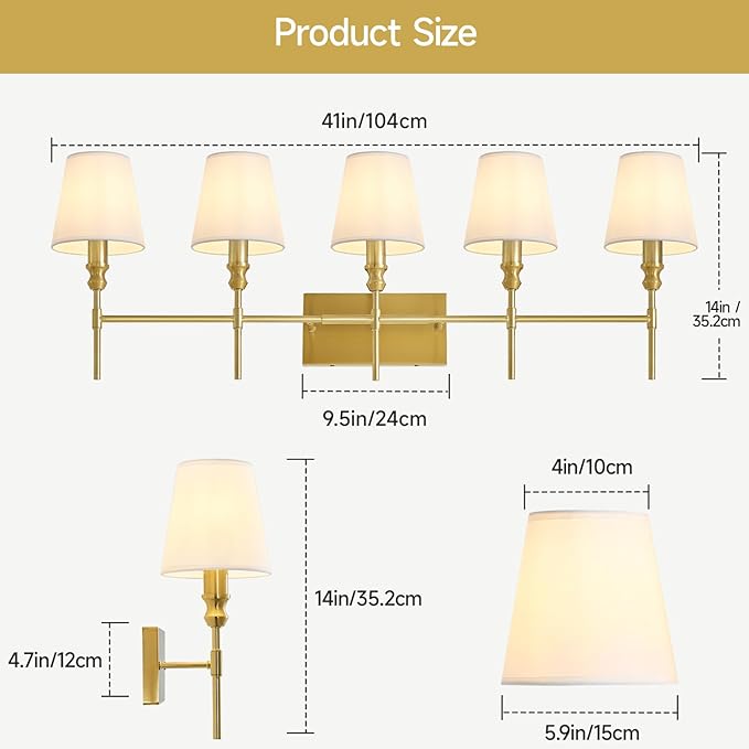 5-light Bathroom Vanity Light,41 IN Vintage Brass Bathroom Light Fixtures Over Mirror,Wall Lamps For Bedroom With Flared White Fabric Lampshade For Living Room,Foyer,Hallway,Hardwired,E12 Base