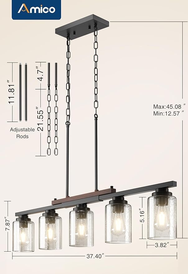 Amico Dining Room Light Fixture 5-Light Kitchen Island Lighting with Adjustable Rods, Farmhouse Decor Black Metal & Wood Chandelier with Seeded Glass Shade, Island Lights for Kitchen