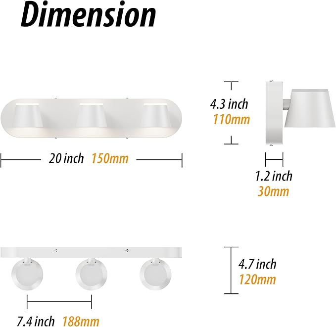 URSOLA 3 Light Bathroom Vanity Light LED White Wall Light Fixtures Up and Down Rotatable Dimmable 20 inch Bathroom Lighting
