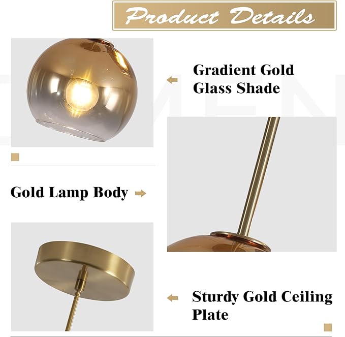 KCO Lighting Glass Globe Hanging Light Fixture Modern Gold Pendant Lights Kitchen Island Mid Century Dining Room Hanging Light Fixtures Over Table Single Pendant Light