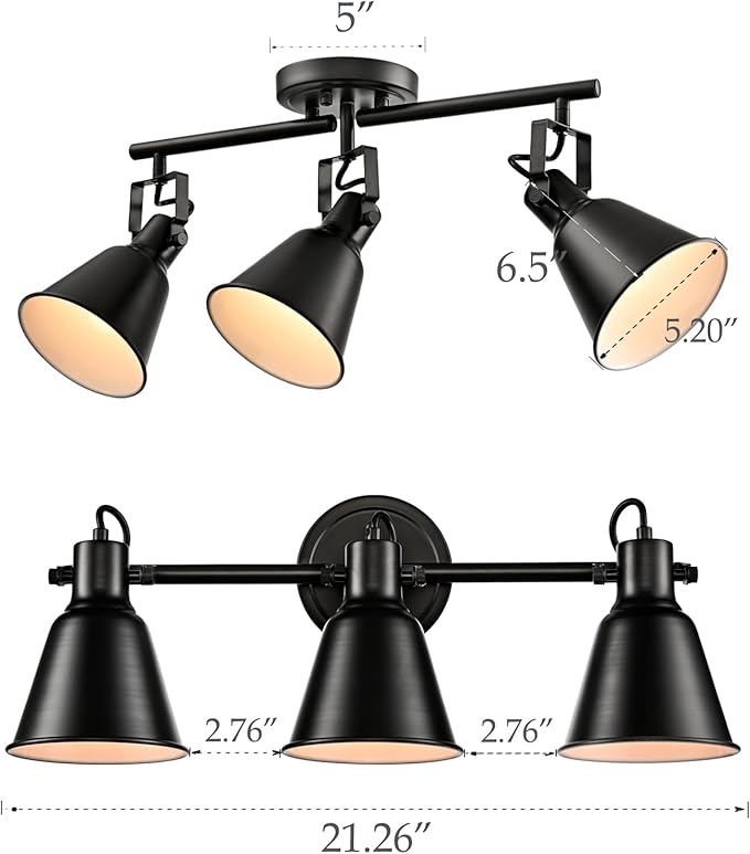 DIRYZON 3-Light Semi-Flush Mount Ceiling Track Lighting Adjustable Round Spotlight in Matte Black Multi-Directional Ceiling Mounted Art Accent Light for Bedroom Hallway Living Room Kitchen