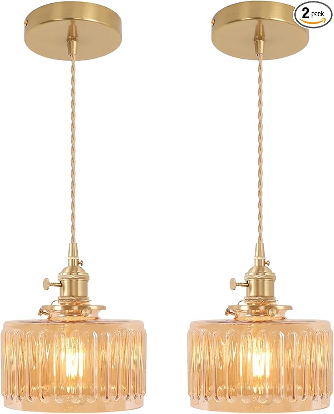 Shenmoyl Pendant Light 2 Pack with Amber Striped Glass Lmapshade, Brass Vintage Pendant Light Adjustable Hanging Light for Kitchen Island Dining Room Hallway