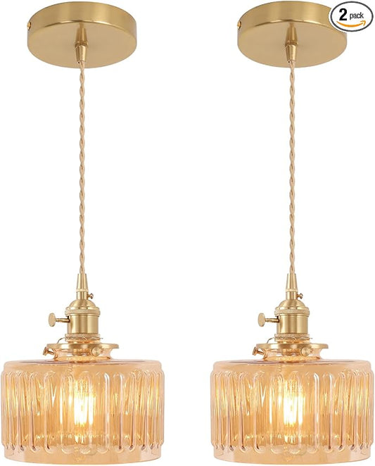 Shenmoyl Pendant Light 2 Pack with Amber Striped Glass Lmapshade, Brass Vintage Pendant Light Adjustable Hanging Light for Kitchen Island Dining Room Hallway