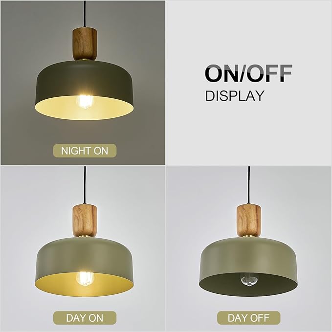 Contemporary Pendant Lighting,12 inch Pendant Lamp,Wood and Brass Accent,Adjustable Metal Hanging Light Fixture for Kitchen, Dining Room, Green