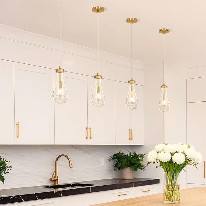 Raindrop Pendant Light Set of 2, Gold 4.7in Clear Glass Teardrop Pendant Lights for Kitchen, Modern Pendant Lights Kitchen Island for Dining Room, Bathroom, Hallway, Adjustable Cord, Bulb Included