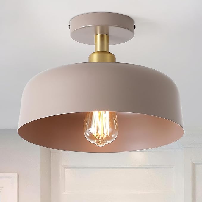 Modern Semi Flush Mount Ceiling Light Fixture,11.8" Brass Accent Ceiling Mounted Light with Brown Metal Shade,1 Light Indoor Hallway Light Fixture for Porch Entryway Foyer Kitchen Bedroom Living Room