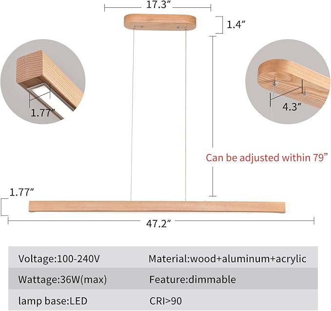 YISDESIGN 47" 36W 1-Light Wooden Led Linear Pendant Light Dimmable Led Chandelier Ceiling Hanging Light Fixtures Modern Chandeliers for Dining Room Kitchen Island Pool Table Lights Natural