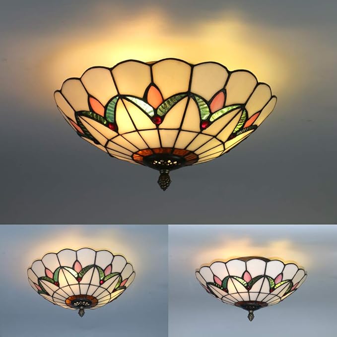 Tiffany Style Ceiling Light Vintage Stained Glass Flush Mount Ceiling Lighting Fixtures Lamps (12 Inch W)