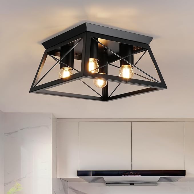 Farmhouse 4-Light Metal-Framed Industrial Kitchen Ceiling Lights - Black Flush Mount for Dining Room, Kitchen, Bedroom, Hallway, Foyer, Living Room, Laundry