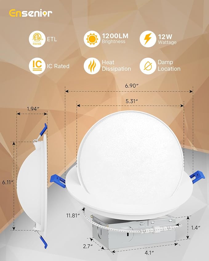 Ensenior 6 Pack 6 inch Gimbal Led Recessed Lighting, 90° Rotatable and 5CCT Selectable, Dimmable Eyeball Recessed Lights, Angled Adjustable Ceiling Downlight, 1200LM, 12W=115W-ETL&FCC Certified