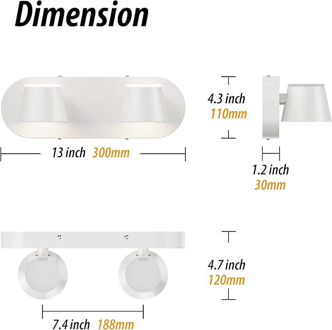 URSOLA 2 Light Bathroom Vanity Light LED White Wall Light Fixtures Up and Down Rotatable Dimmable 13 inch Bathroom Lighting
