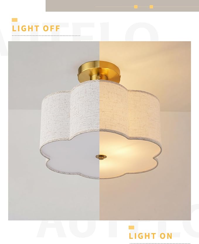 AUTELO 3-Light Semi Flush Mount Ceiling Light, Brushed Gold 12.6 Inch Modern Ceiling Light with Flower-Shaped White Fabric, Farmhouse Ceiling Light for Bedroom Hallway, C2507 BGS-6