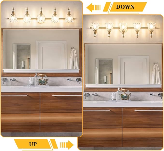 Brushed Antigue Brass Bathroom Light Fixtures, 5 Lights Vanity Light with Flower Glass Shade, Bathroom Vanity Light Over Mirror, Vintage Sconces Wall Lighting for Hallway Livingroom Bedroom