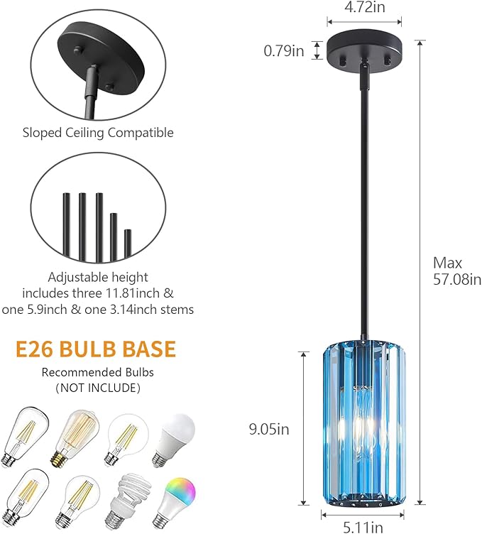 Modern Crystal Pendant Light Mini Light Blue Chandeliers Adjustable Pendant Lights Fixture for Kitchen Island Dinning Room Corridor Bedroom(Light Blue 2-Pack)
