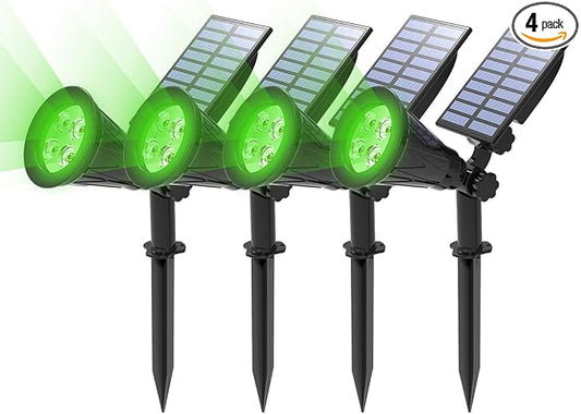T-SUN Green Solar Spotlights, IP65 Waterproof Outdoor 4 LED Solar Garden Lights, Auto ON/Off Adjustable Wall Lights, 180°Angle Adjustable for Tree,Patio,Yard,Driveway,Stairs,Pool Area (Green-4 Pack)