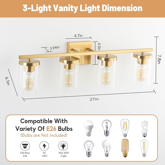 27in Bathroom Light Fixture Over Mirror, 4-Light Gold Vanity Lights with Clear Glass Shades, Modern Wall Sconces for Living Room, Bedroom, Hallway, E26 Base