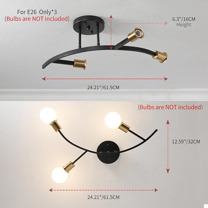 3-Lights Modern Sputnik Semi Flush Mount Ceiling Light Fixture Black and Gold,Mid Centur Minimalist sputnik Chandelier for Hallway,Dining Room,Bedroom,Kitchen,Living Room(Bulbs Not Included)