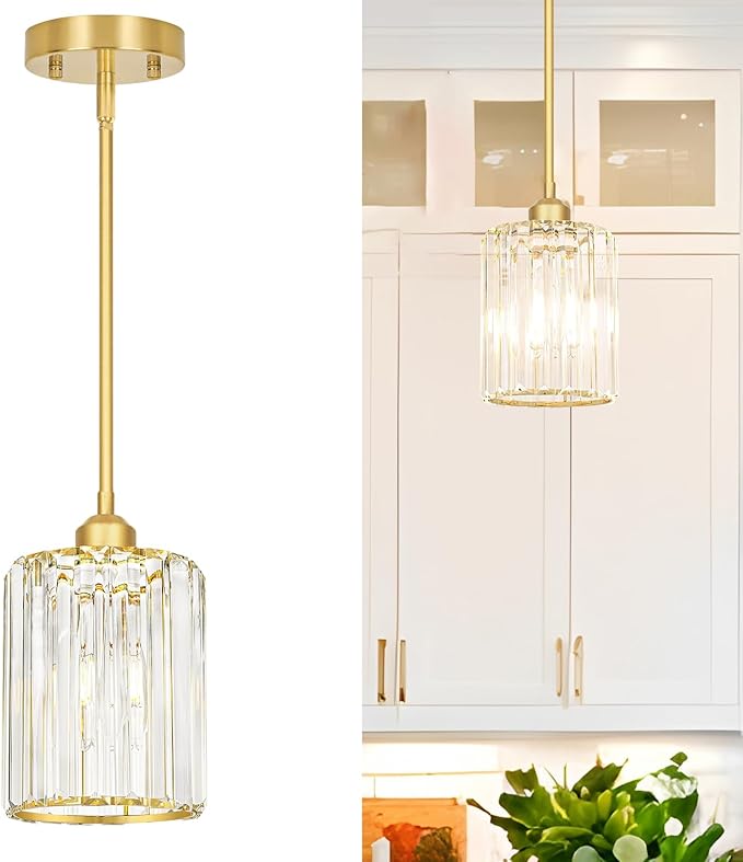 Lxybcce Gold Kitchen Pendant Lights Over Island with Adjustable Rods - Crystal Pendant Lighting Fixtures for Sloped Ceiling, Ideal Over Dining Table or Bar, E26 Bulb Compatible, No Electrician Needed