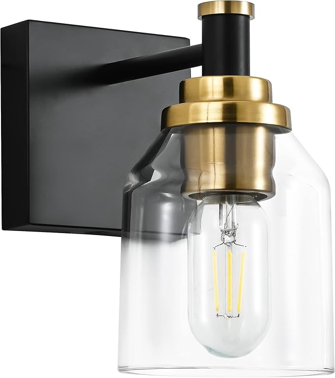 SOLFART Vintage 1 Light Bathroom Light Fixture Over Mirror for Bath Wall Light Black and Brass Lighting Fixture Vanity Light