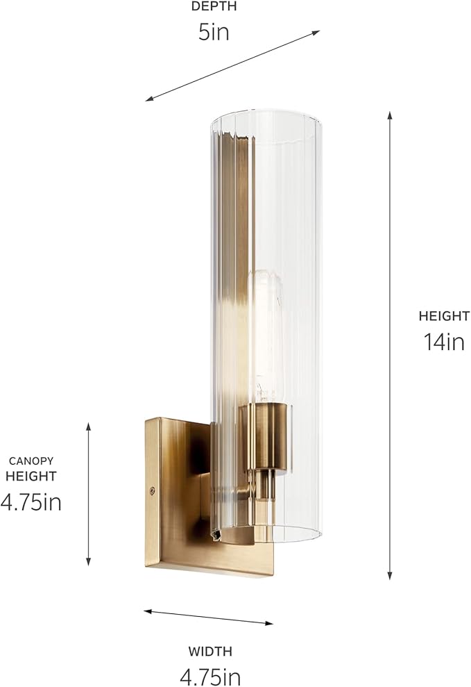 Kichler Jemsa 1 Light Wall Sconce, Modern Light with Clear Fluted Glass in Champagne Bronze for Bathroom, Powder Room, Sides of Fireplace, Down a Hallway, Kitchen, or Bedroom (14" x 4.75"), 55165CPZ