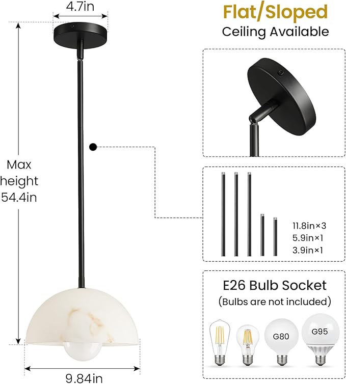 Modern Pendant Light Fixtures: 10 Inch Resin Shade Mid Century Chandelier - Adjustable Black Pendant Lighting for Kitchen Island Living Room Bedroom