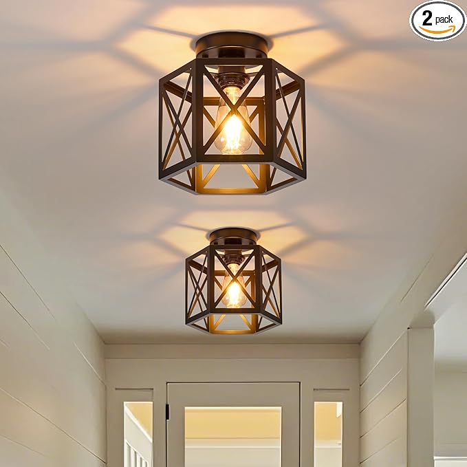 XSDeTu 2 Pack Farmhouse Semi Flush Mount Ceiling Light, Industrial Black Hallway Light Fixture, Small Metal Cage Close to Ceiling Lights for Kitchen Sink Porch Bedroom