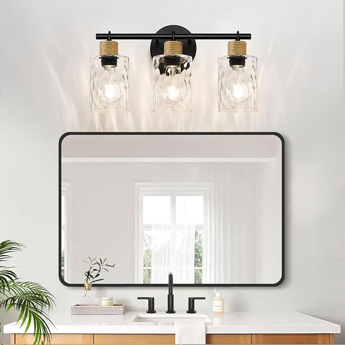 MOKATNG Bathroom Light Fixtures, 3-Light Coastal Vanity Lights with Crystal Glass Shade, Black Bathroom Wall Lamp for Mirror Kitchen Hallway Cabinet
