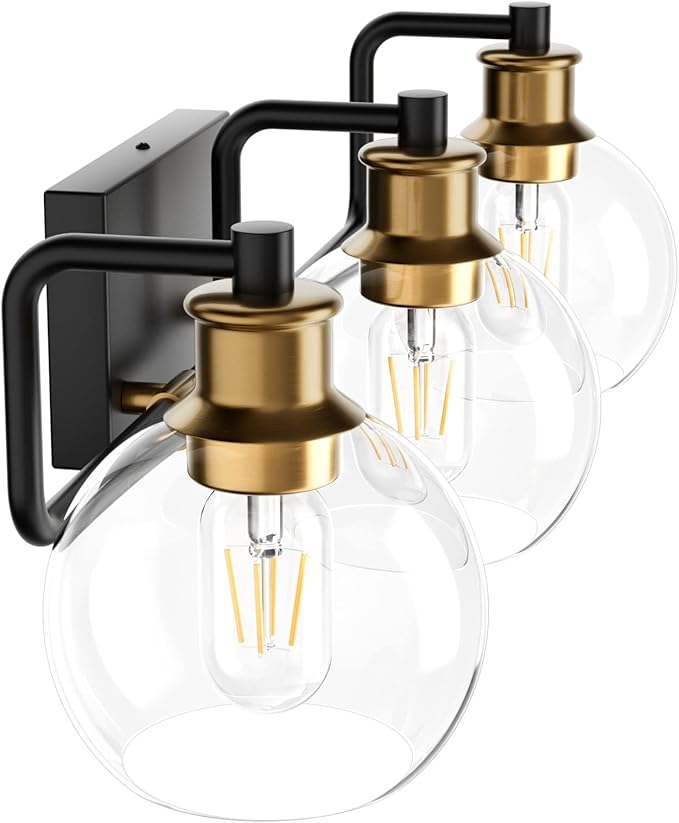 Tipace Black & Gold Vintage Bathroom Vanity Light Fixtures Over Mirror Glass Globe 3 Lights Industrial Vanity Lights Farmhouse Bath Lighting(Exclude Bulb)